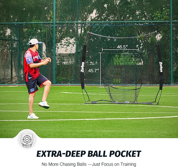 ZELUS Baseball Net 7 ft x7 ft, Softball Hitting & Pitching with Carry Bag, Ground Stakes, Portable Backstop & Bow Frame, Training Equipment for All Ages