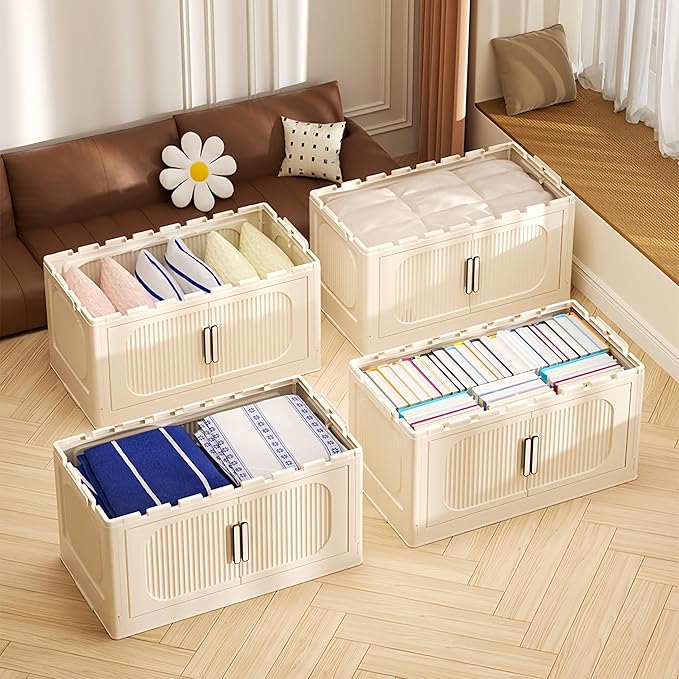 Holaki 156 QT Storage Bins with Lid, 4 Tiers Collapsible Closet Organizers, Stackable Plastic Storage Bins Cabinet Box with Wheels and Magnetic Door(Opaque)