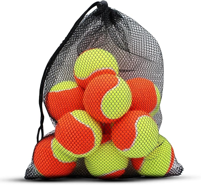 Tennis Balls, 12 Pack 50% Low Compression Stage Tennis Ball for Beginners Youth Kids Training Practicing with Mesh Bag for Easy Transport (Orange)