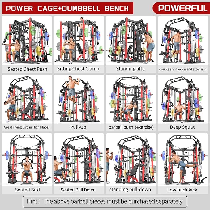 Smith Machine Power Rack Multifunctional Power Cage Deep Squat Rack Cable Crossover System Selectable More Training Attachment for Garage & Home Gym
