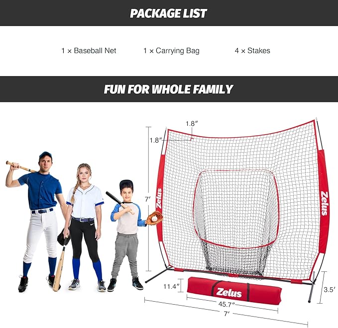 ZELUS Baseball Net 7 ft x7 ft, Softball Hitting & Pitching with Carry Bag, Ground Stakes, Portable Backstop & Bow Frame, Training Equipment for All Ages