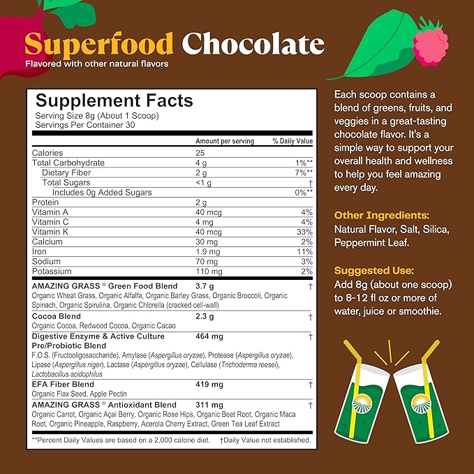 Amazing Grass Greens Superfood Powder: Greens Powder with Digestive Enzymes & Probiotics, Organic Spirulina, Chlorella, and Beet Root Powder, Chocolate, 30 Servings