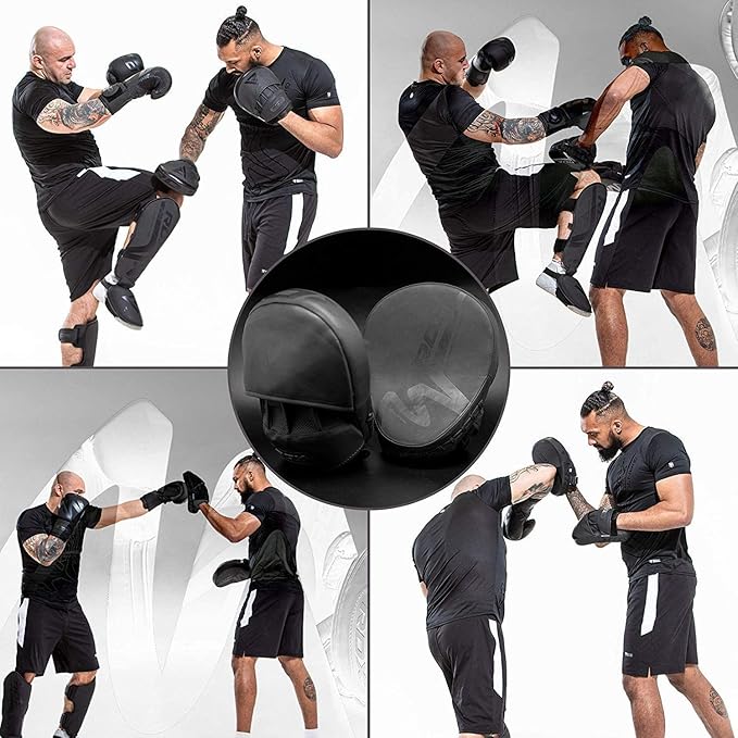 RDX Boxing Pads Focus Mitts, Convex Skin Leather Curved Hand Pad with Adjustable Strap, Hook and Jab Hand Strike Shield for MMA, Martial Arts, Punching Target, Muay Thai Training Matte Black