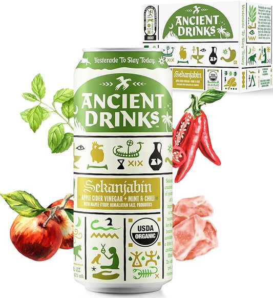 ANCIENT DRINKS Apple Cider Vinegar Beverage with Electrolytes, Vitamins, & Probiotics, Organic, Super-Hydrating Sports Drink - Sekanjabin (Mint & Chili) - 16 fl oz (12 cans)