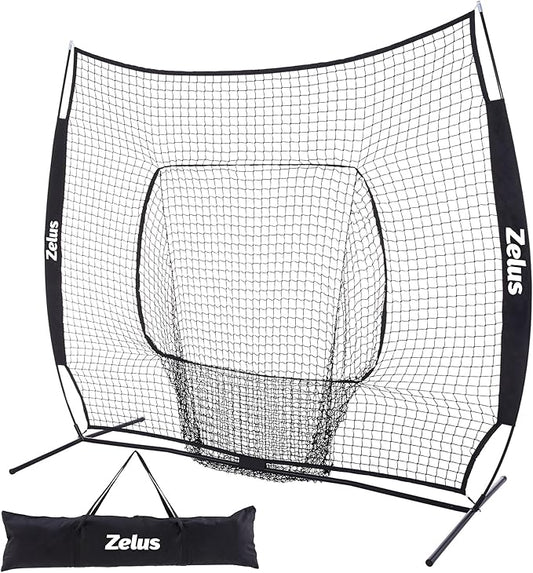 ZELUS Baseball Net 7 ft x7 ft, Softball Hitting & Pitching with Carry Bag, Ground Stakes, Portable Backstop & Bow Frame, Training Equipment for All Ages