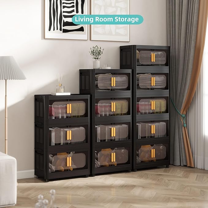 Holaki 195 QT Collapsible Closet Organizers with Lid, 5 Tiers Stackable Plastic Storage Bins Cabinet with Wheels and Magnetic Door (Black)
