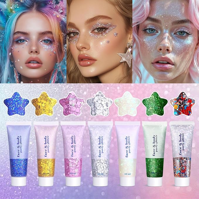 Body Face Glitter Makeup for Kids Women, Sparkly Chunky Hair Glitter, Mermaid Birthday Decorations Rave Outfits for Women (Gold Body Glitter)