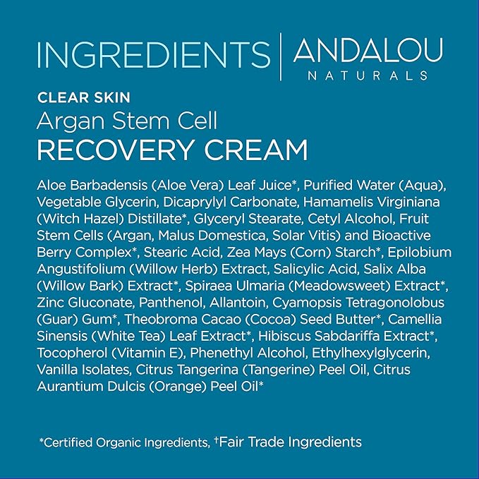 Andalou Naturals Argan Stem Cell Recovery Cream oz For Oily or Overreactive Skin Helps Clarify Cleanse Pores for Glowing Skin, Aloe Vera, 1.7 Ounce