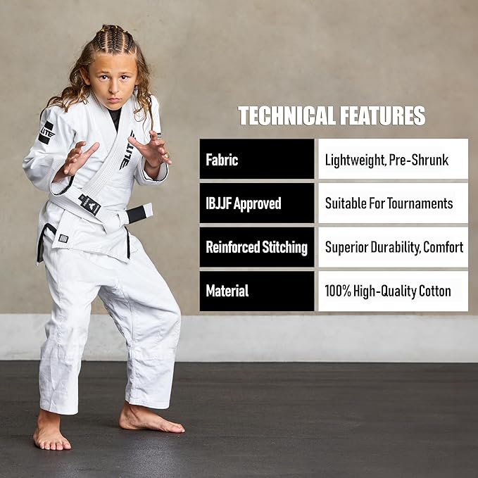Elite Sports Kids Brazilian Jiu Jitsu Belts Preshurunk Martial Arts Youth BJJ Belts for Girls & Boys with BJJ Ranking Stripes
