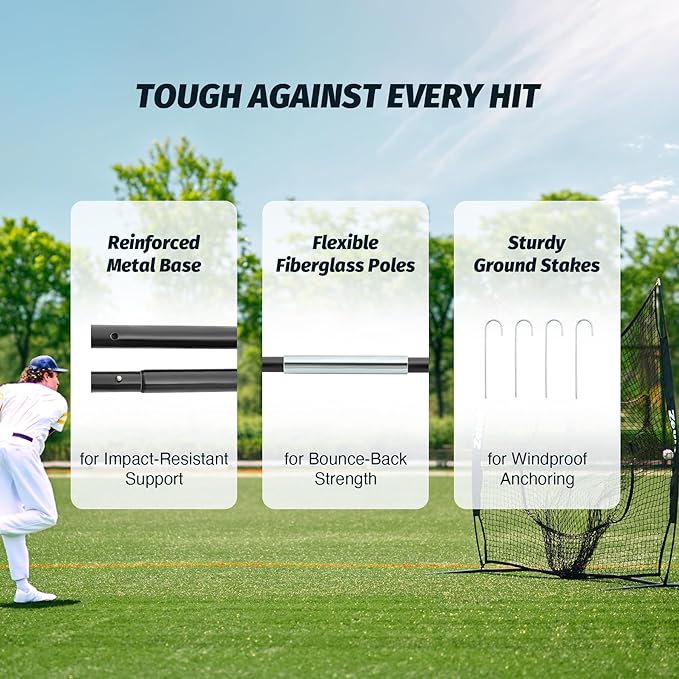 ZELUS Baseball Net 7 ft x7 ft, Softball Hitting & Pitching with Carry Bag, Ground Stakes, Portable Backstop & Bow Frame, Training Equipment for All Ages