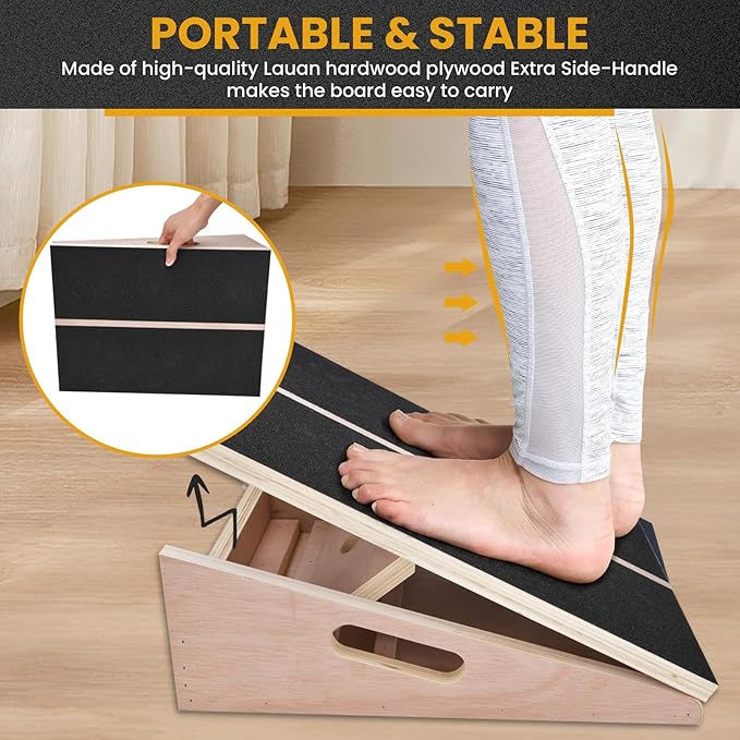 Slant Board for Calf Stretching, Portable Wooden Calf Stretcher - Adjustable Incline Board for Knees Ankle Heel Feet Leg