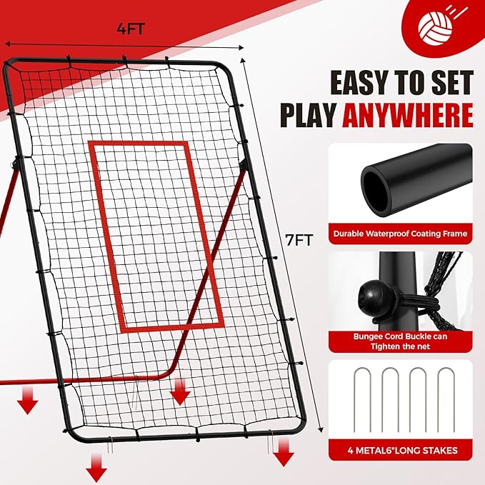 Volleyball Rebounder Net，Portable 7x4 ft Training Equipment for Spike and Smash Practice - 5 Rebound Angles Custom Target Area for Volleyball Sports Training