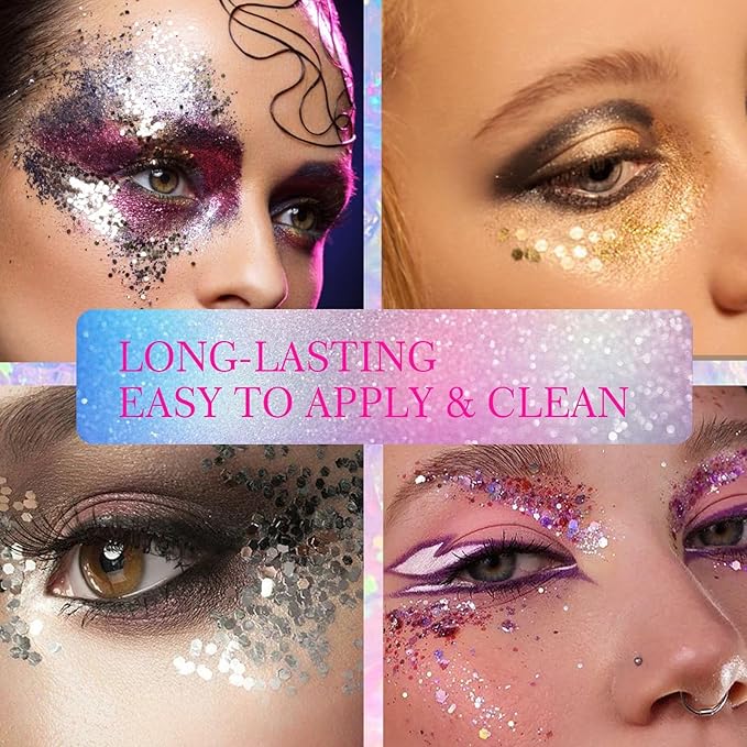 Body Face Glitter Makeup for Kids Women, Sparkly Chunky Hair Glitter, Mermaid Birthday Decorations Rave Outfits for Women (Gold Body Glitter)