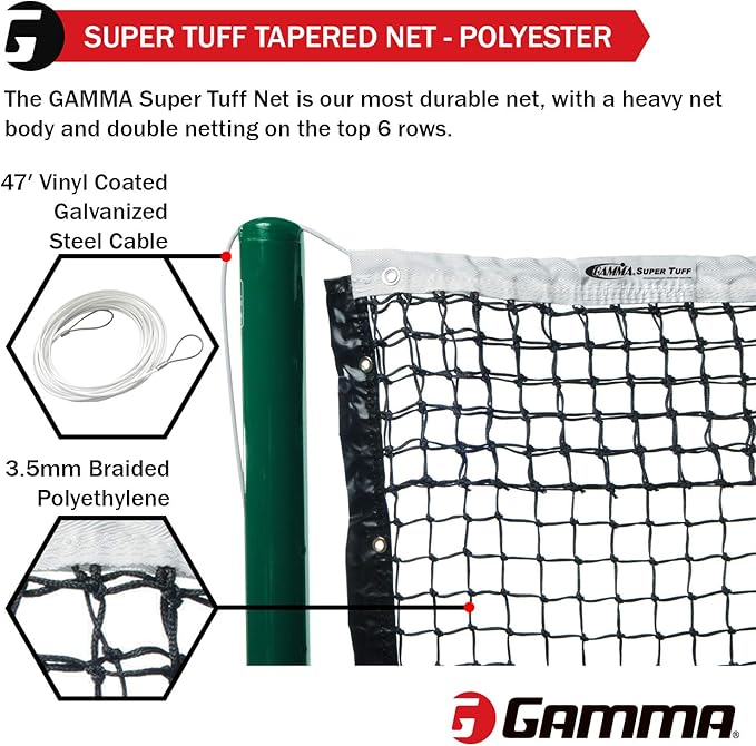 GAMMA Sports Super Tuff Tennis Net, Premium Court Equipment. Durable, Heavy Duty, Outdoor & Indoor, Standard Net, Parks, High Schools