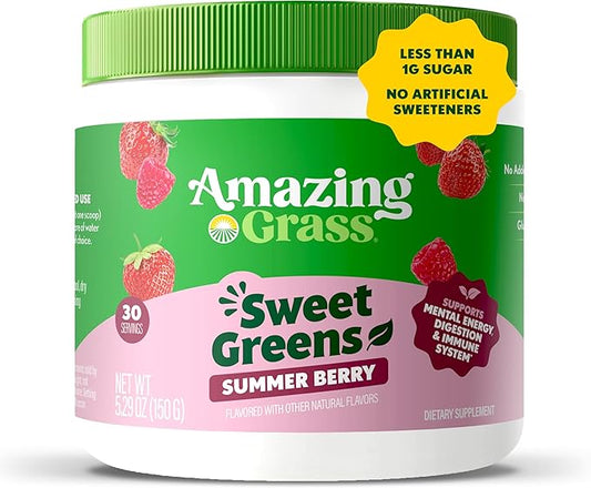 Amazing Grass Sweet Greens and Superfoods Powder for Digestive Health, Greens Powder, Digestive Enzymes, Probiotics, Spirulina, Chlorella, Summer Berry, 30 Servings