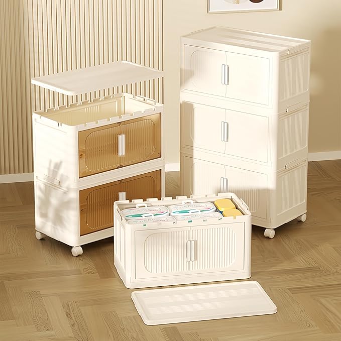 Holaki 156 QT Storage Bins with Lid, 4 Tiers Collapsible Closet Organizers, Stackable Plastic Storage Bins Cabinet Box with Wheels and Magnetic Door(Opaque)