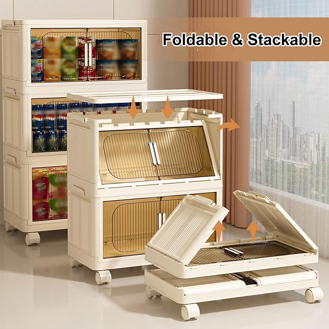 Holaki 39 QT Storage Bins with Lid, 5 Tiers Stackable Plastic Storage Bins Cabinet Box Collapsible Closet Organizers with Wheels and Magnetic Door,White