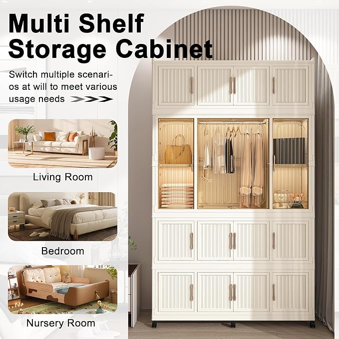 Collapsible Expandable Wardrobe Closet, Multi-Function Plastic Wardrobe,Wardrobes Storage Cabinet (16 Cubes+1 Hanging Rod 1)