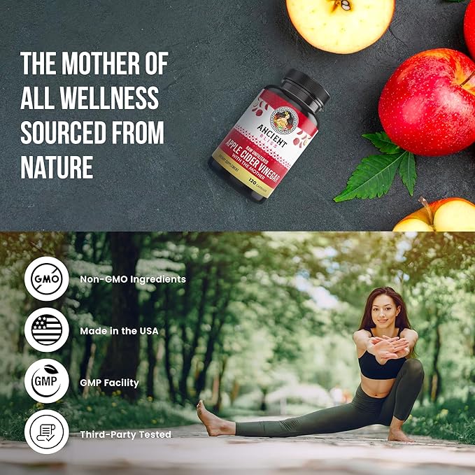 Ancient Bliss Apple Cider Vinegar Organic Capsules with The Mother, Helps Improve Digestion, Unfiltered Vinegar Capsules, 1600MG (120 Capsules)