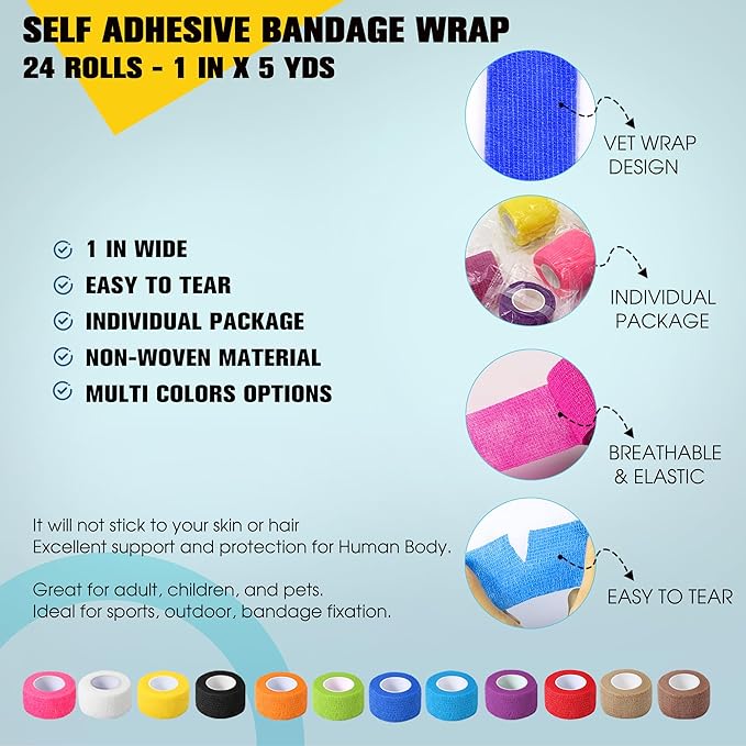 24 Pack Self Adhesive Bandage Wrap, 1 in x 5 Yards Non-Woven Self Adherent Cohesive Bandage, Vet Wrap Wound Tape for Thumb Finger Wrist Knee Ankle, Black