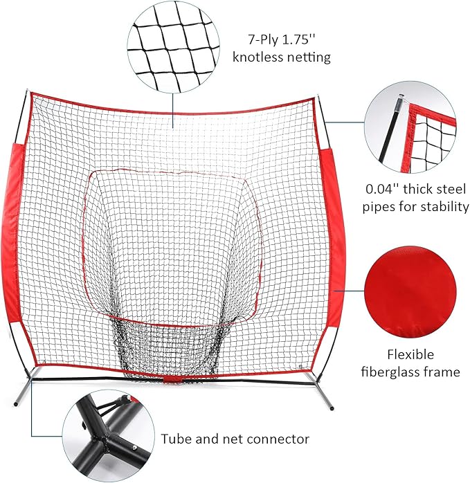 ZELUS Baseball Net 7 ft x7 ft, Softball Hitting & Pitching with Carry Bag, Ground Stakes, Portable Backstop & Bow Frame, Training Equipment for All Ages