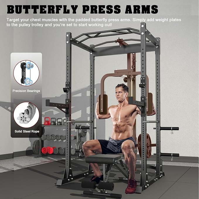 BEKING Power Cage, 2000LBS Power Squat Rack with LAT Pulldown, 2.36" ×2.36" Multi-Functional Squat Cage with Pulley System and More Training Attachments for Home Gym
