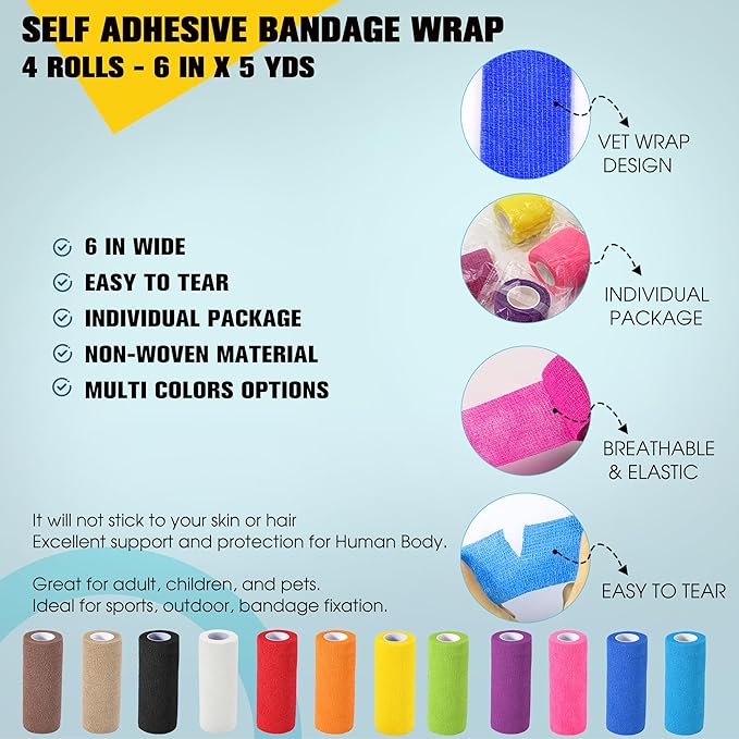4 Pack Self Adhesive Bandage Wrap, 6 in x 5 Yards Non-Woven Self Adherent Cohesive Bandage, Vet Wrap Wound Tape for Thumb Finger Wrist Knee Ankle, White