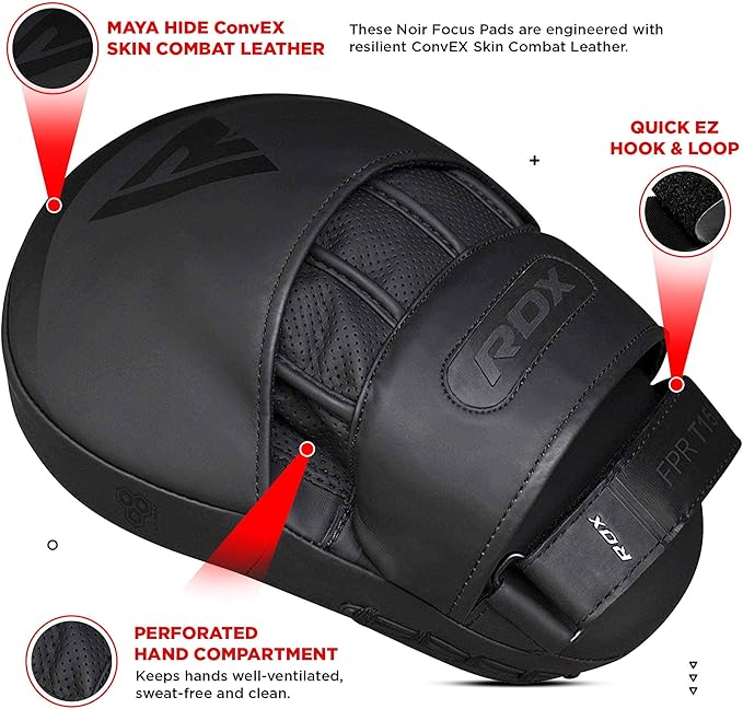 RDX Boxing Pads Focus Mitts, Convex Skin Leather Curved Hand Pad with Adjustable Strap, Hook and Jab Hand Strike Shield for MMA, Martial Arts, Punching Target, Muay Thai Training Matte Black