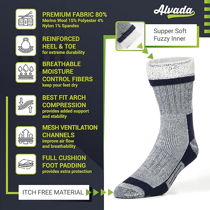 Alvada Merino Wool Hiking Socks Thermal Warm Crew Winter Boot Sock For Men & Women 3 Pairs