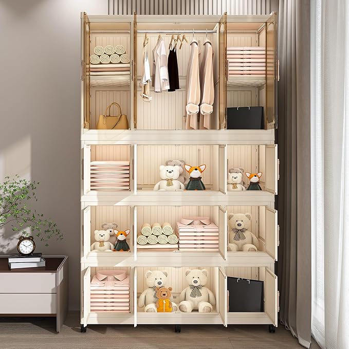 Collapsible Expandable Wardrobe Closet, Multi-Function Plastic Wardrobe,Wardrobes Storage Cabinet (16 Cubes+1 Hanging Rod 1)