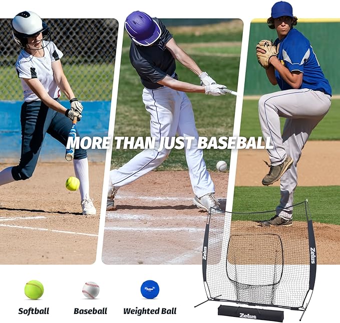 ZELUS Baseball Net 7 ft x7 ft, Softball Hitting & Pitching with Carry Bag, Ground Stakes, Portable Backstop & Bow Frame, Training Equipment for All Ages