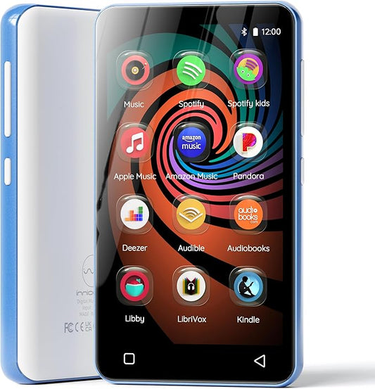 MP3 Player with Bluetooth and WiFi, innioasis 160GB Music Player with Spotify,Pandora,Amazon Music,4" Touch Screen Android MP4 MP3 Player for Kids with Libby,Audible,Audiobooks(White-Blue)