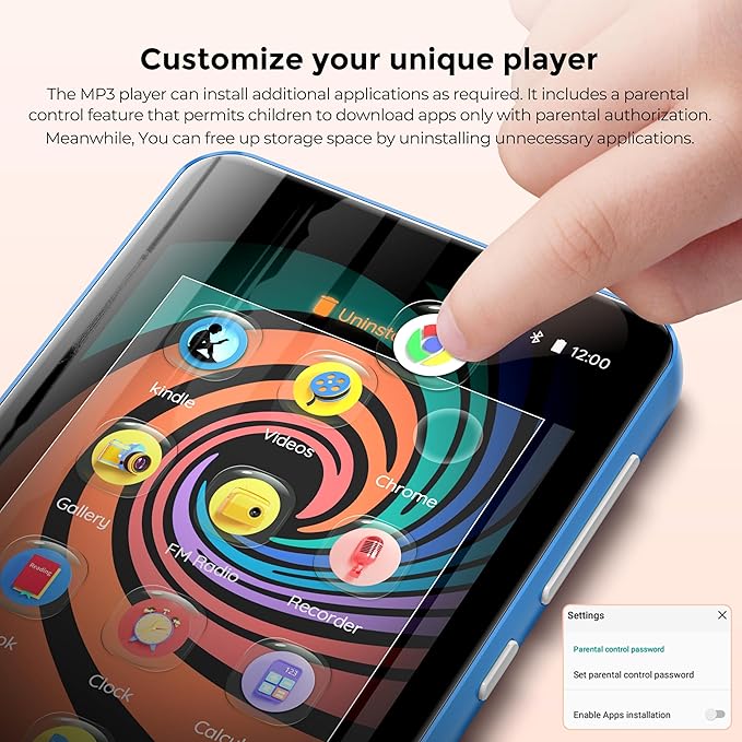 MP3 Player with Bluetooth and WiFi, innioasis 160GB Music Player with Spotify,Pandora,Amazon Music,4" Touch Screen Android MP4 MP3 Player for Kids with Libby,Audible,Audiobooks(White-Blue)