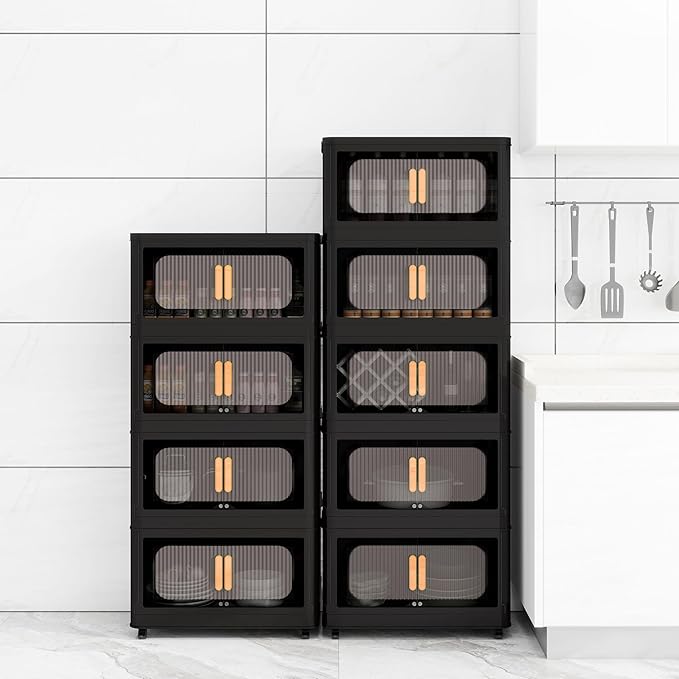 Holaki 320 QT Collapsible Closet Organizers with Lid, Stackable Plastic Storage Bins Cabinet with Wheels and Magnetic Door 5 Pack(Black Larger)