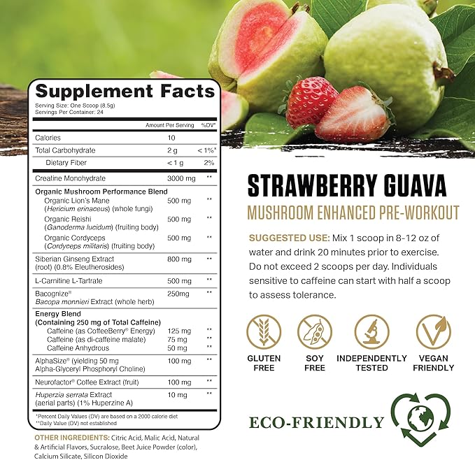 Ambrosia Kinetic Organic Preworkout, Mushroom Enhanced Natural Pre Workout Supplement, Nootropic Superfood Powder for Energy (Strawberry Guava)