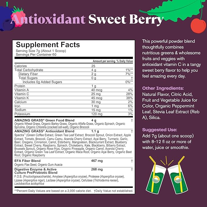 Amazing Grass Greens Superfood Antioxidant: Greens Powder with Organic Spirulina, Beet Root Powder, Elderberry & Probiotics, Sweet Berry, 60 Servings (Packaging May Vary)