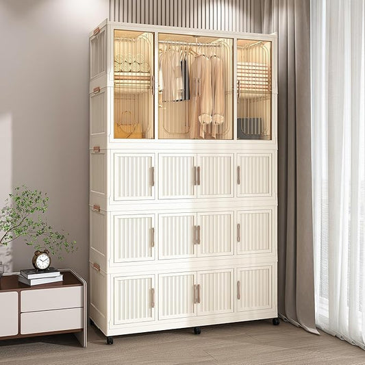 Collapsible Expandable Wardrobe Closet, Multi-Function Plastic Wardrobe,Wardrobes Storage Cabinet (16 Cubes+1 Hanging Rod 1)