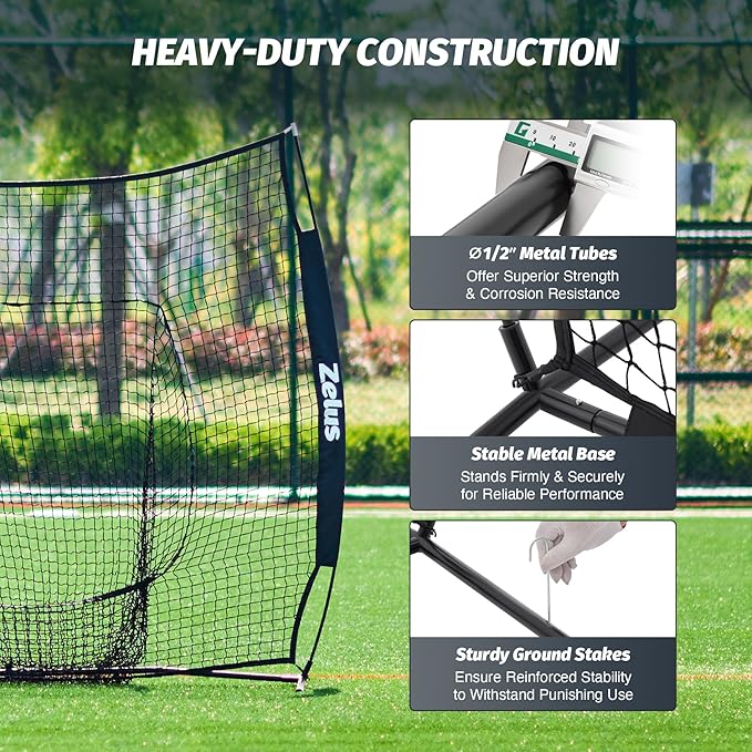 ZELUS Baseball Net 7 ft x7 ft, Softball Hitting & Pitching with Carry Bag, Ground Stakes, Portable Backstop & Bow Frame, Training Equipment for All Ages