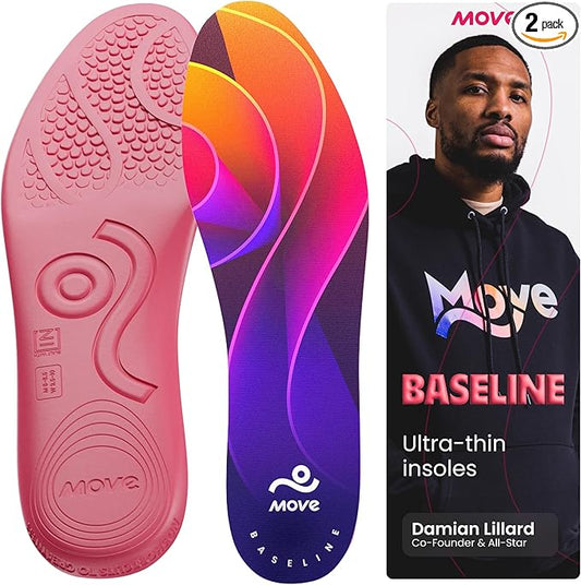 MOVE Baseline - All-Purpose Insoles - Sock Liner - Ultra Thin Shock Absorption - Maximum Freedom of Movement and Energy Return for Cleats, Shoes, Running, Basketball, Baseball (M15-15.5/WM16.5-17)