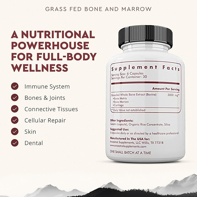 Ancestral Supplements Grass Fed Beef Bone and Marrow Supplement, 3000mg, Skin, Oral Health, and Joint Support Supplement, Promotes Whole-Body Wellness, Non GMO Whole Bone Extract, 180 Capsules