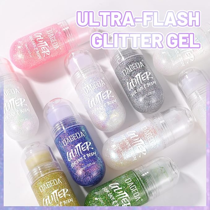 DAGEDA 2Colors Roll-on Body Glitter Gel for Body, Hair, Face, Holographic Glitter Makeup for Rave Accessories, Body Shimmer Hair Glitter Gel for Halloween Makeup(Pink + Ocean Glow)