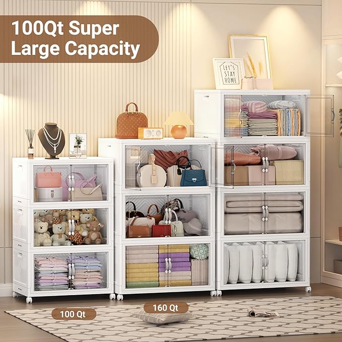 400QT Extra Large Stackable Storage Bins, 100Gal Clear Plastic Closet Organizer Cabinet with Lid and Wheels, Collapsible Latch Boxes Folding Drawer with Door for Home Kitchen, V20 4Pack White