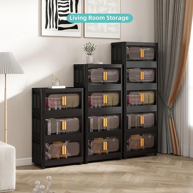 Holaki 156 QT Storage Bins with Lid, 4 Tiers Collapsible Closet Organizers, Stackable Plastic Storage Bins Cabinet Box with Wheels and Magnetic Door(Black)
