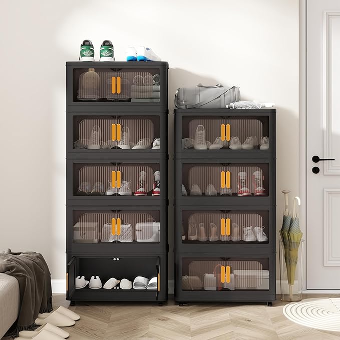 Holaki 256 QT Storage Bins with Lid, 4 Tiers Collapsible Closet Organizers, Stackable Plastic Storage Bins Cabinet with Wheels and Magnetic Door(Black Larger)