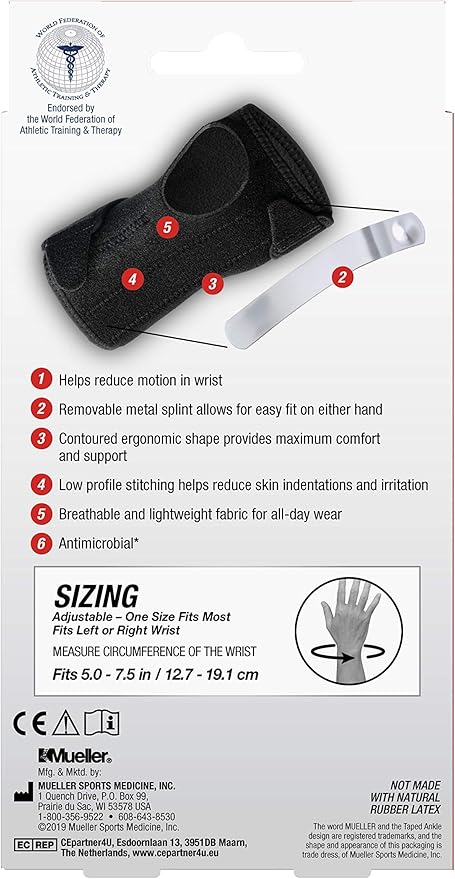MUELLER Sports Medicine Reversible Wrist Brace with Splint, for Men and Women, Black, One Size
