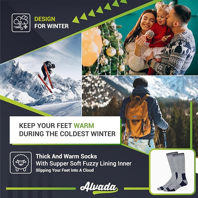 Alvada Merino Wool Hiking Socks Thermal Warm Crew Winter Boot Sock For Men & Women 3 Pairs