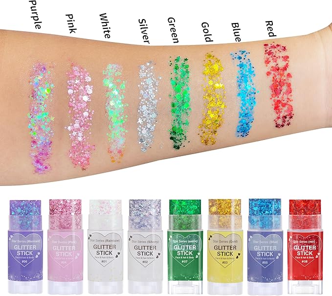 Rainbow White Hair Glitter Stick,Mermaid Costume Body Face Glitter, Singer Concert Star Glitter Makeup for Kids and Women,Waterproof Rave Accessories Sequins Body Paint for Clavicle