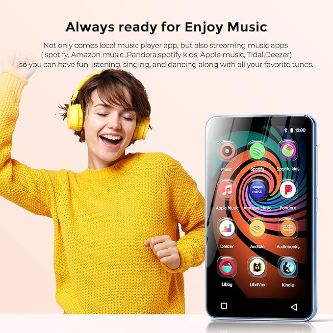 MP3 Player with Bluetooth and WiFi, innioasis 160GB Music Player with Spotify,Pandora,Amazon Music,4" Touch Screen Android MP4 MP3 Player for Kids with Libby,Audible,Audiobooks(White-Blue)