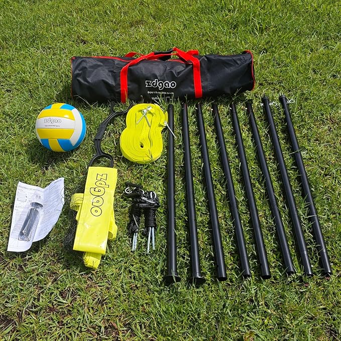 Outdoor Portable Volleyball Net System - Adjustable Height Poles with Soft Volleyball Ball, Pump, Hammer, Boundary Line, and Carry Bag for Backyard, Beach, Lawn