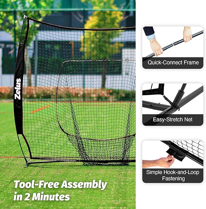 ZELUS Baseball Net 7 ft x7 ft, Softball Hitting & Pitching with Carry Bag, Ground Stakes, Portable Backstop & Bow Frame, Training Equipment for All Ages